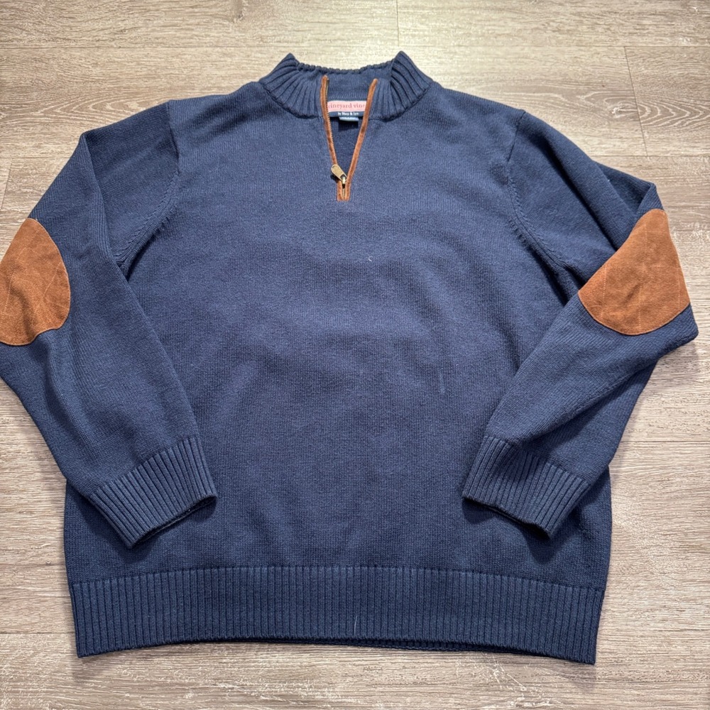 Vineyard Vines Sweater Mens L Blue Cotton Merino Wool Suede Elbow Patch 1/4 Zip